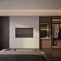 Modern Hotel Guest Room Interior With Comfortable Bed TV Wooden Wardrobe And Dark Curtains