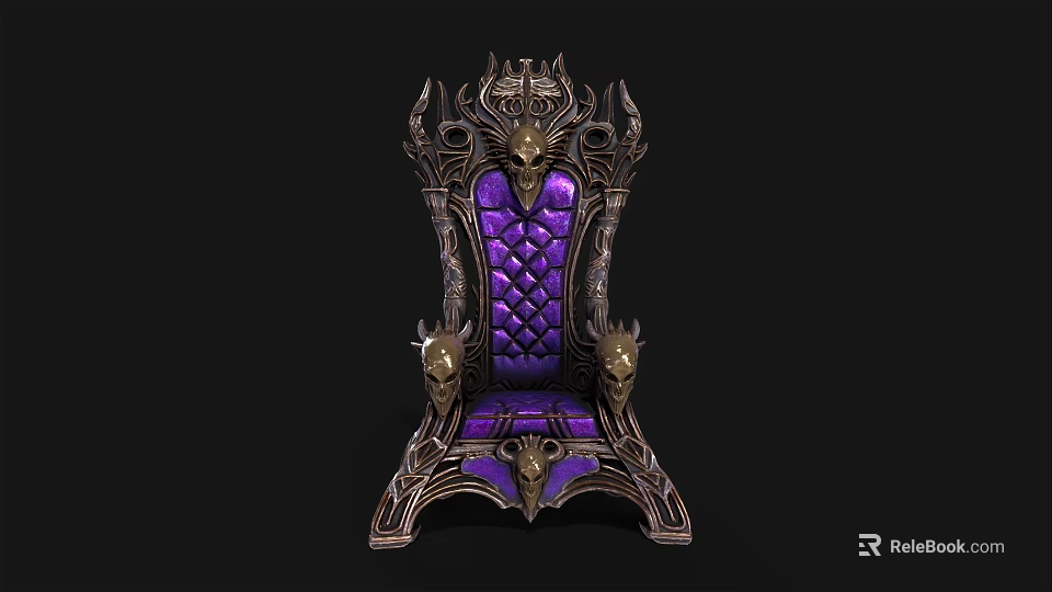 Ornate Throne Chair With Purple Padded Seat Skull Decorations And Metal Carvings 3d model 