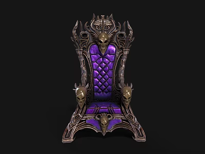 Ornate Throne Chair With Purple Padded Seat Skull Decorations And Metal Carvings 3d model