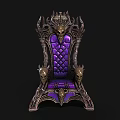 Ornate Throne Chair With Purple Padded Seat Skull Decorations And Metal Carvings