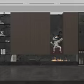Modern Interior Display Cabinet With Wooden Wall Marble Fireplace And Astronaut Decoration
