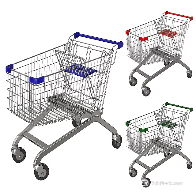 Colorful Metal Shopping Carts With Blue Red Green Handles As Public Facility 3d model 