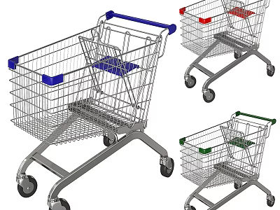 Colorful Metal Shopping Carts With Blue Red Green Handles As Public Facility 3d model