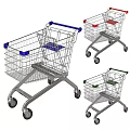 Colorful Metal Shopping Carts With Blue Red Green Handles As Public Facility