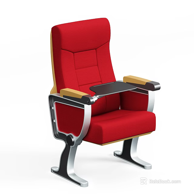 Red Upholstered Public Chair with Armrests Small Table and Metal Frame 3d model 