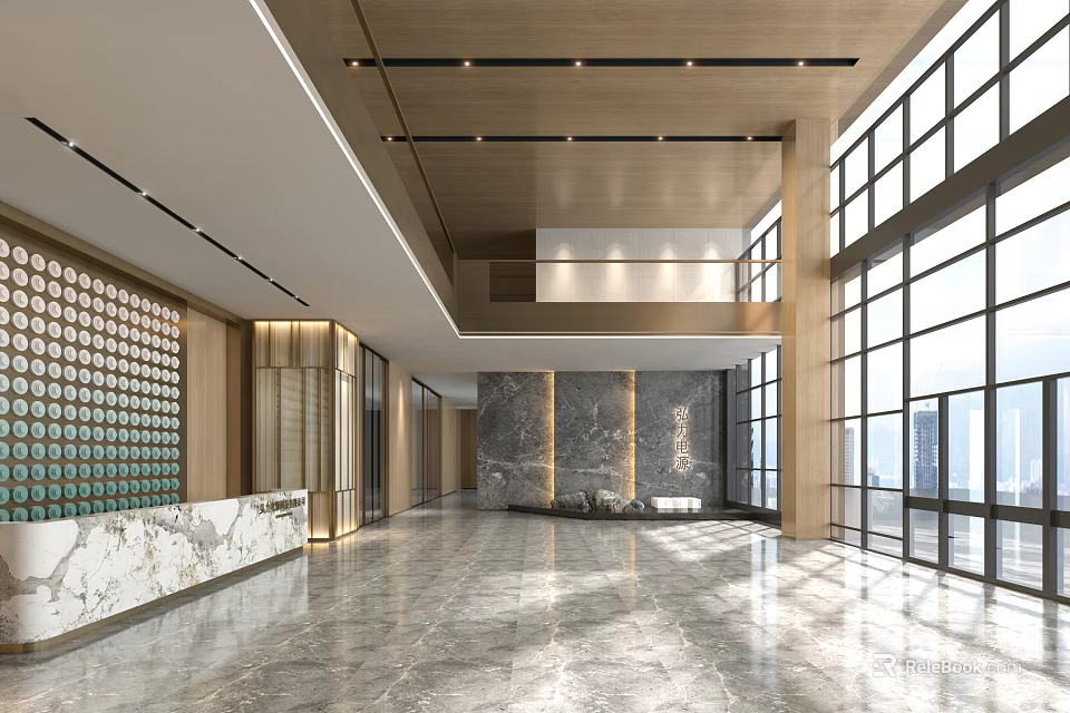 Modern Reception Desk In Spacious Lobby With Marble Countertop Large Windows And Stone Wall 3d model 