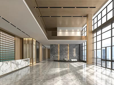 Modern Reception Desk In Spacious Lobby With Marble Countertop Large Windows And Stone Wall 3d model