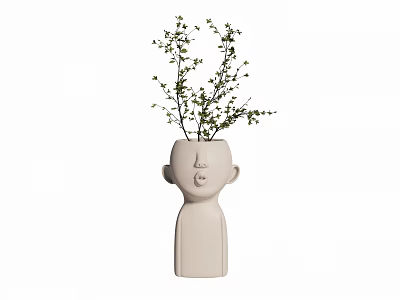 Face Shaped Ceramic Vase with Ivory Color and Green Branches for Interior Decor 3d model
