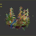 3D Floating Island Landscape With Green Pine Trees Yellow Trees Small Stream And Wooden Bridge