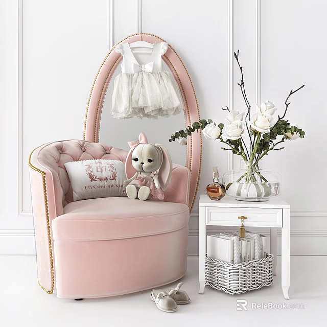 Cute Pink Velvet Single Sofa With Gold Accents Pillow Stuffed Rabbit And White Flower Vase 3d model 