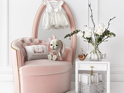 Cute Pink Velvet Single Sofa With Gold Accents Pillow Stuffed Rabbit And White Flower Vase 3d model