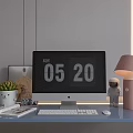 Modern Computer Desktop Setup With Monitor Digital Clock Keyboard Mouse Pink Lamp And Astronaut Figure