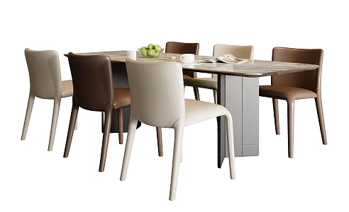 Modern Simple Dining Table and Chair Combination Leather Dining Chair Dining Table Decoration Six-person Dining Table and Chair Rock Plate Dining Table 3d model