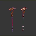 Two Ornate Dragon Head Staff Weapons With Gold Red Metal Decorative Design