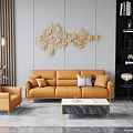 Modern Orange Leather Sofa Set with Marble Coffee Table and Geometric Wall Decor 3d model