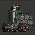 Futuristic Tactical Weapon Equipment Featuring Green Cylindrical Hexagonal Spherical And Wheeled Base With Orange Lights