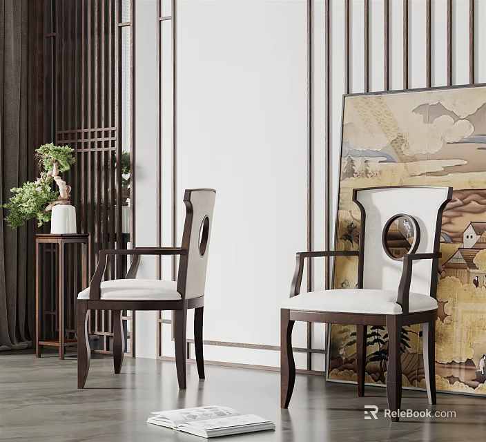 Chinese Style Dining Chairs with Dark Wooden Frame White Cushions and Landscape Painting 3d model 