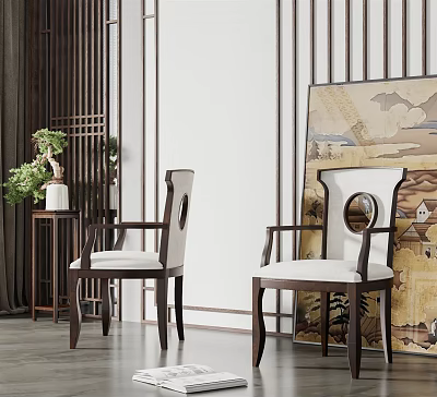 Chinese Style Dining Chairs with Dark Wooden Frame White Cushions and Landscape Painting 3d model