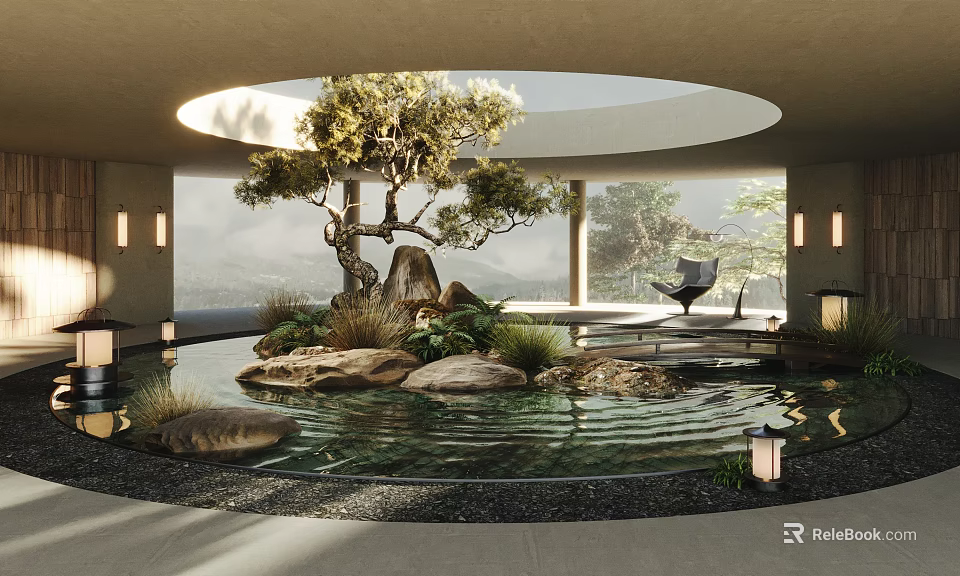 Shopping Mall Lobby With Circular Skylight Central Water Feature Stone And Tree Natural Landscape View 3d model 
