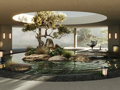 Shopping Mall Lobby With Circular Skylight Central Water Feature Stone And Tree Natural Landscape View 3d model