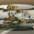 Shopping Mall Lobby With Circular Skylight Central Water Feature Stone And Tree Natural Landscape View