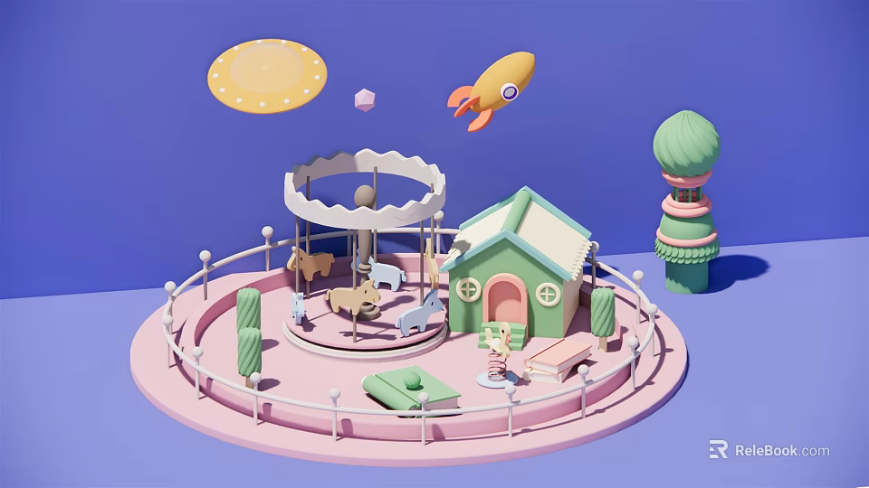 Colorful Kids Play Set With Pink Platform Carousel Small House Rocket Cloud And Trees 3d model 