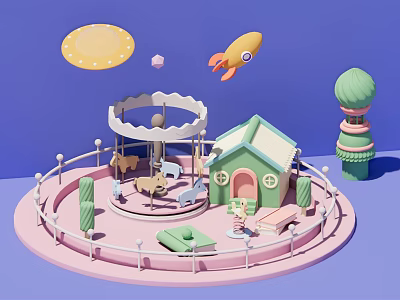 Colorful Kids Play Set With Pink Platform Carousel Small House Rocket Cloud And Trees 3d model