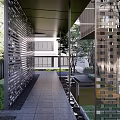 Modern Pergola Outdoor Space With Water Feature Stones Trees And Modern Buildings