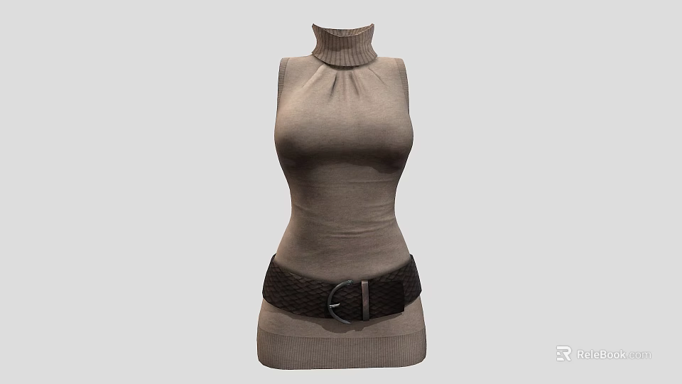 Light Brown Sleeveless Turtleneck Knitted Top With Braided Belt And Buckle 3d model 