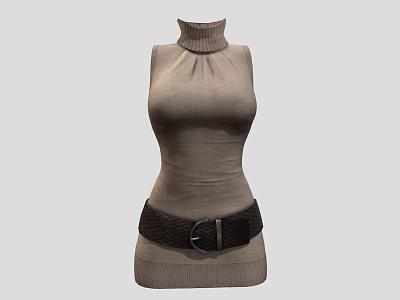 Light Brown Sleeveless Turtleneck Knitted Top With Braided Belt And Buckle 3d model