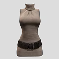 Light Brown Sleeveless Turtleneck Knitted Top With Braided Belt And Buckle
