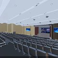 Modern Auditorium Interior with Arranged Seats Large Screens Stage and Wooden Walls