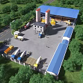 Industrial Factory Building With Blue Roof Red Storage Silos Surrounded By Green Trees And Trucks
