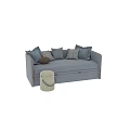 Grey Fabric Sofa With Plaid And Blue Throw Pillows And Storage Ottoman 3d model