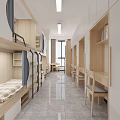 School Dormitory Interior With Wooden Bunk Beds And Curtain Partitions