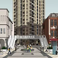 Modern Commercial Street With Tall Buildings Various Architectural Styles And Pedestrian Area
