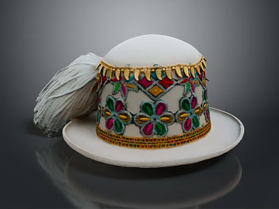 Elegant White Hat With Colorful Floral Patterns Golden Trim Sequins And Feather Accessory 3d model