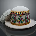Elegant White Hat With Colorful Floral Patterns Golden Trim Sequins And Feather Accessory