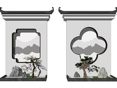 Traditional Chinese Scenery Wall With Square Clover Shaped Windows Landscape Painting Pine Tree Stone Decor 3d model
