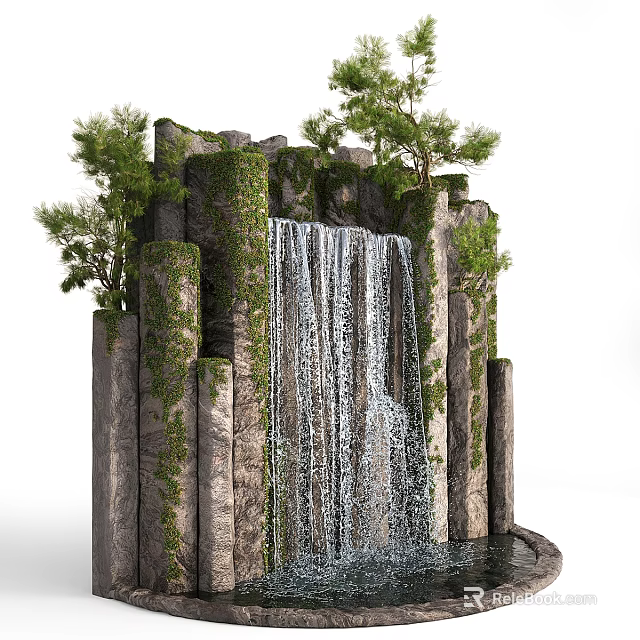 Natural Scenery Featuring Waterfall Rocky Outcrops With Lush Green Vines And Trees 3d model 