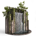 Natural Scenery Featuring Waterfall Rocky Outcrops With Lush Green Vines And Trees
