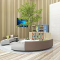 Contemporary Lounge Area With Circular Sofa Green Plant TV Wooden Bookshelf And Comfortable Seating