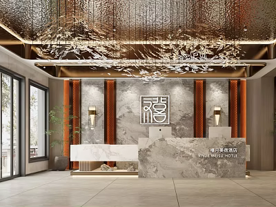 Elegant Modern Hotel Lobby Interior With Marble Reception Desk Textured Wall And Crystal Chandelier 3d model