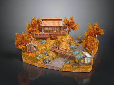 Colorful Cartoon Scene with Small Wooden House Orange Trees and Wooden Bridge Path 3d model
