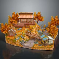 Colorful Cartoon Scene with Small Wooden House Orange Trees and Wooden Bridge Path