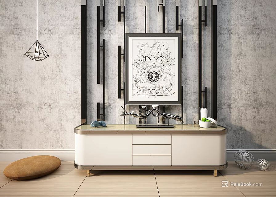 Modern White TV Stand With Black Decorative Strips Background Wall And Decorative Painting 3d model 