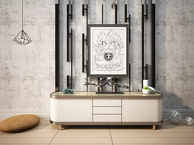 Modern White TV Stand With Black Decorative Strips Background Wall And Decorative Painting 3d model