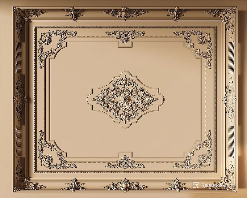 Classic Ceiling with Intricate Carved Patterns Golden Border and Central Ornament 3d model