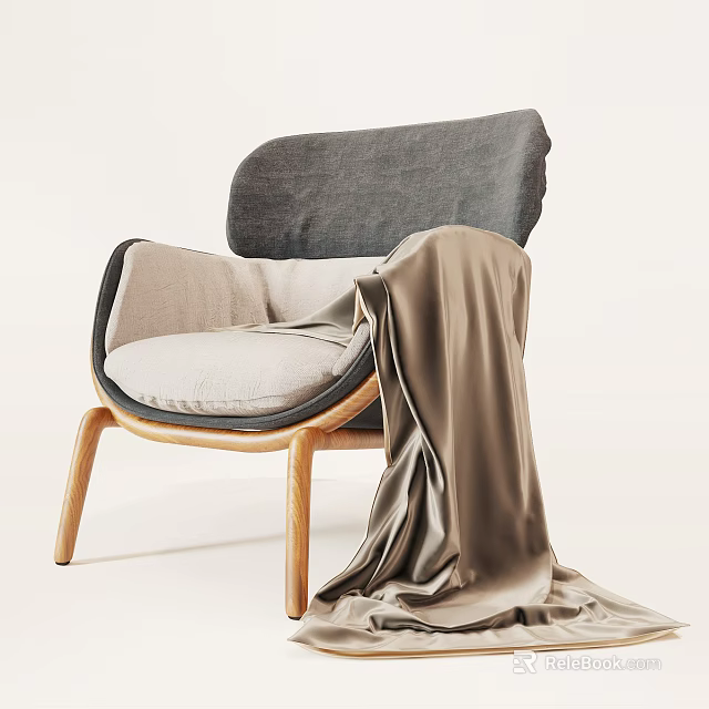 Minimalist Modern Leisure Chair with Gray Backrest Light Colored Cushion Wooden Legs and Brown Blanket 3d model 