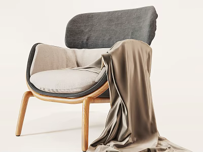 Minimalist Modern Leisure Chair with Gray Backrest Light Colored Cushion Wooden Legs and Brown Blanket 3d model